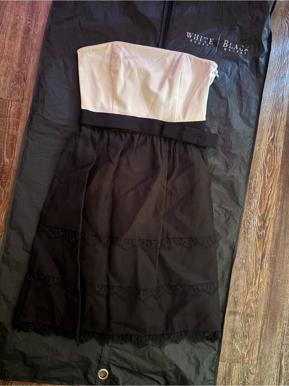 White House Black Market Black and Ivory Strapless Midi Skirt Dress